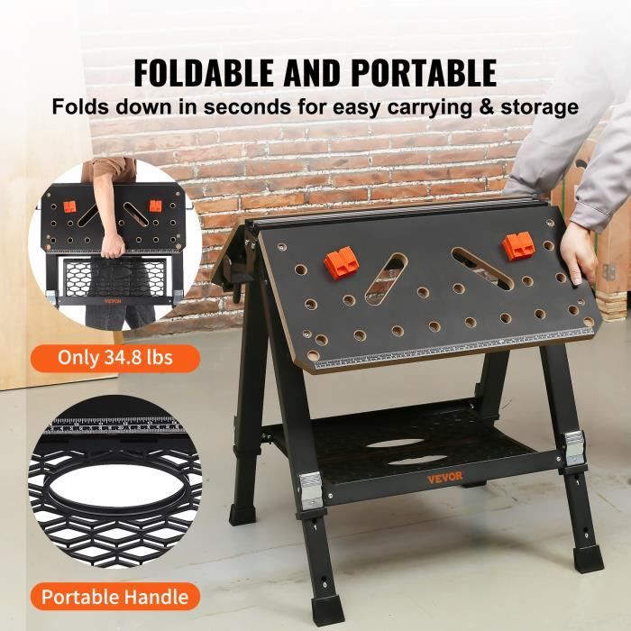 Établi Pliable avec Plate-Forme 2 en 1 et 2 Hauteurs Réglables Support de Scie Garage Cadre en Alu avec Système de Serrage et Pinces Charge 200KG Noir + Rouge