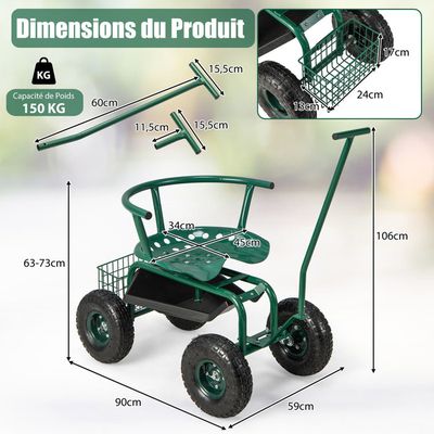 Chariot De Jardin Mobile Avec Siège Pivotant - Réglable En Hauteur, Rangement Intégré, Charge 150 Kg, Roues Tout-terrain