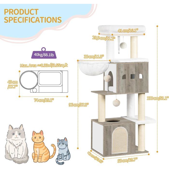 130 cm Arbre a Chat, Arbre a Chat Bois, Grande Plateforme, 2 Niches, 4 — free download