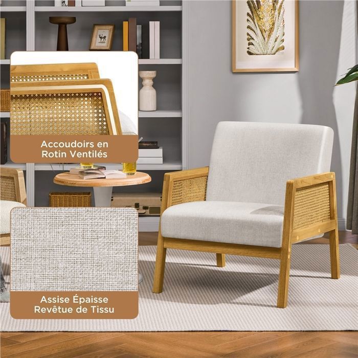 Fauteuil En Rotin PE Style Scandinave - Coussin Confortable Velours - Cadre Bois Caoutchouc - Pour Salon, Chambre