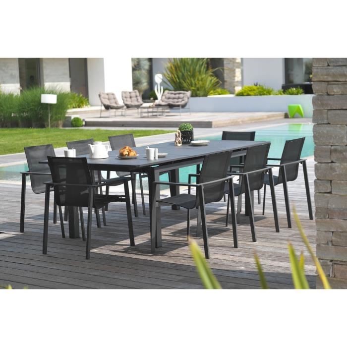DCB GARDEN Table Miami en aluminium avec rallonge automatique + 8 fauteuils textilène - 240-300 x 100 cm - Gris anthracite