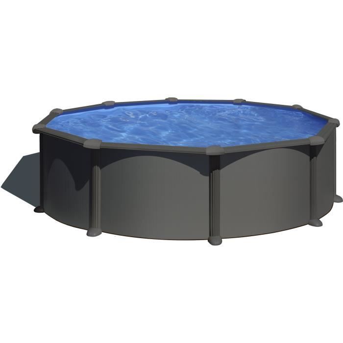 Piscine GRE Ronde acier - Ø4,80 m x H 1,32 m - Gris anthracite - Filtration à sable