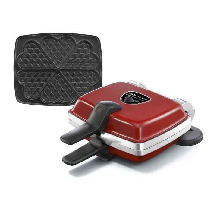 LAGRANGE Gaufrier Super 2 Antiadhésif - 1000W - 1 jeux de plaques : Gaufres cœur - Rouge