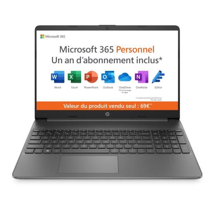 PC Portable HP 15s fq0088nf 15 HD Intel Celeron RAM 4 Go 128Go SSD Windows 11s Microsoft 365 Personnel inclus 1 an a�� AZERTY
