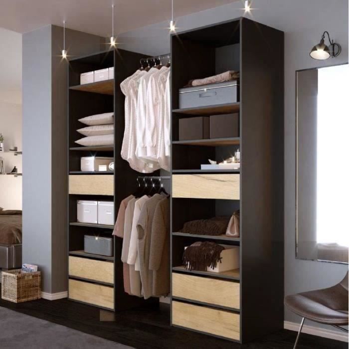 Kit dressing 2 colonnes + 2 penderies + 6 tiroirs - Décor Noir et Chêne - L 177 x P 48 H 200,2 cm -