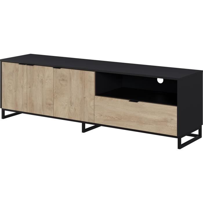 Meuble TV NEO - Mélaminé chêne et noir - 3 portes + 1 tiroir + 1 niche - L180 x P44 x H54,5 cm
