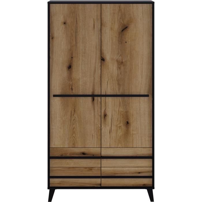 Armoire HEKA 2 portes + 4 tiroirs - Décor noir et chêne - L100 x P50 x H180 cm - Fabriqué en Espagne