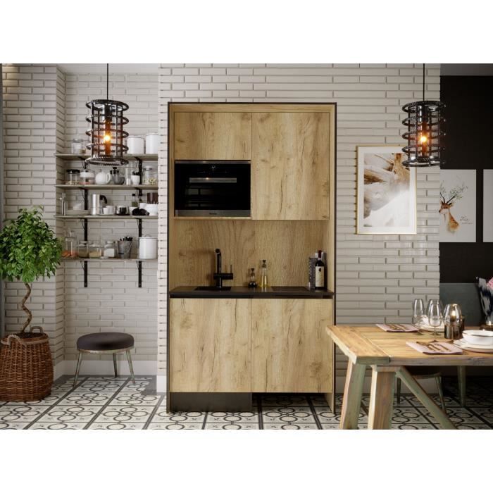 Kitchenette CLEVER 4 portes - Mélaminé chêne et noir - Gain de place - L 124 x P 60 x H 230 cm