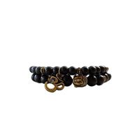 Bracelets 2 Ensemble Perles en 8 et 6 mm d'Agate Noir Rondes Mat avec tête de Bouddha et Pendentif OM, Plaqué Cuivre Rustique, unise