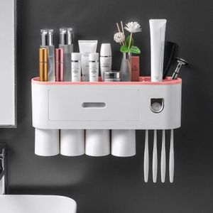 PORTE SECHE-CHEVEUX Accessoires salle de bain,Presse dentifrice automatique porte brosse à dents magnétique inversé support de - Type Pink 4cup