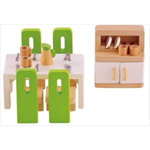 MAISON POUPÉE Mobilier pour maison de poupées - HAPE - Salle à manger en bois - 4 chaises - Vaisselier - Accessoires