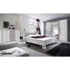 CHAMBRE COMPLÈTE  Chambre complète Irina imitation bois gris clair et gris foncé : Lit 180x200 cm + armoire + commode + chevets. 200 Gris
