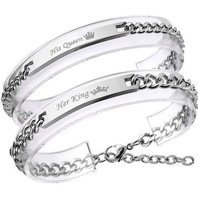 Bracelet Couple Her King His Queen gravure Argent Coeur amour Gourmette Amoureuse Cadeau Ideal Lien Poignet pour Femme Homme Achat Vente bracelet gourmette Bracelet Couple Her King Mixte Argent Argent...