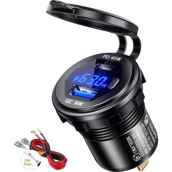 Double Prise Allume-Cigar 45W USB-C + 18W QC3.0 - Chargeur Voiture Rapide Avec Écran Tension - Compatible Tous Véhicules