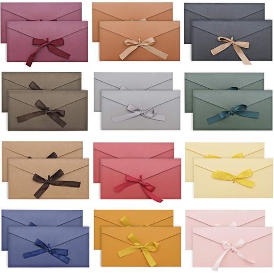 20 Enveloppes Colorées Avec Ruban – Papier Nacré 250g, Format 22x11 Cm, Couleurs Assorties Pour Invitations Et Cadeaux