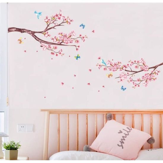 Autocollant Mural Fleurs De Cerisier Et Oiseaux - Décoration Chambre, Salon, Amovible