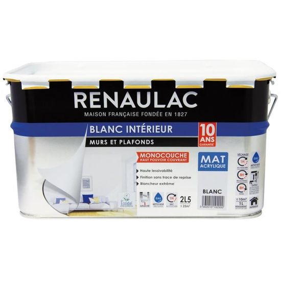 Peinture Acrylique Lessivable Mat Barbouille – 2,5L Blanc Pour Murs Et Plafonds