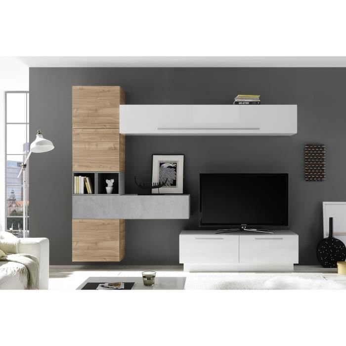 LUDOVICA 8 LAQUE BLANC ET BETON ET NOYER ENSEMBLE COMPOSITION MURALE MEUBLE TV TENDANCE
