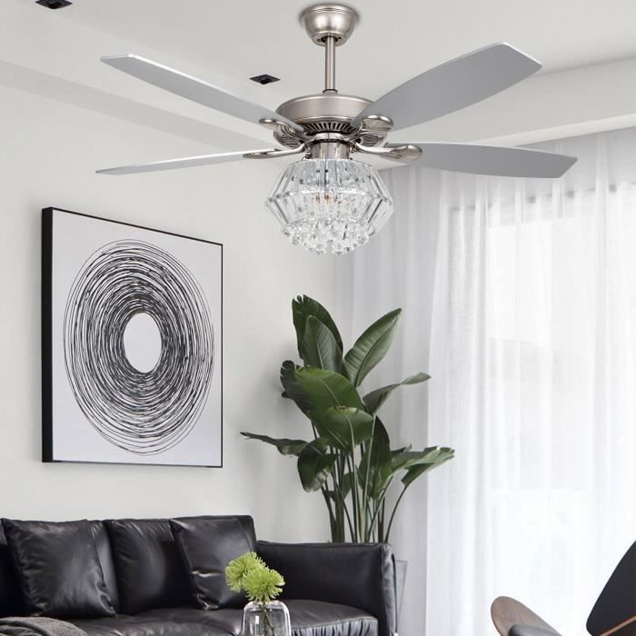 52 pouces Lustre ventilateur-feuille de bois argenté- avec télécommande-E14 - aucune source de lumière-EU