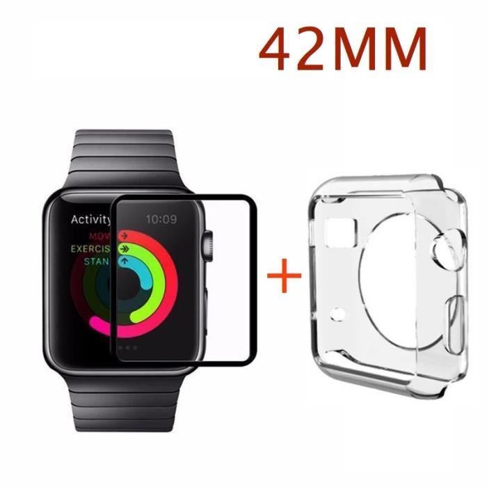 Coque transparente souple silicone gel apple watch 42MM + Verre trempé noir