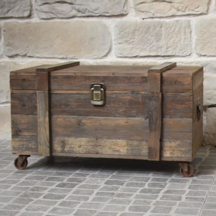 Grand Coffre en Bois Malle à Roulettes Style Ancien 80 cm x 49 cm x 48 cm - 3000-BIS-Coffre