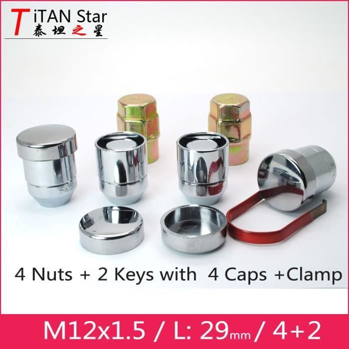 Pièces Auto,Écrous de roue antivol, 4 écrous + 2 clés 29mm 12x1.5 M12 1.5 écrous de roue, écrous OEM - Type Wheel Locks with cap
