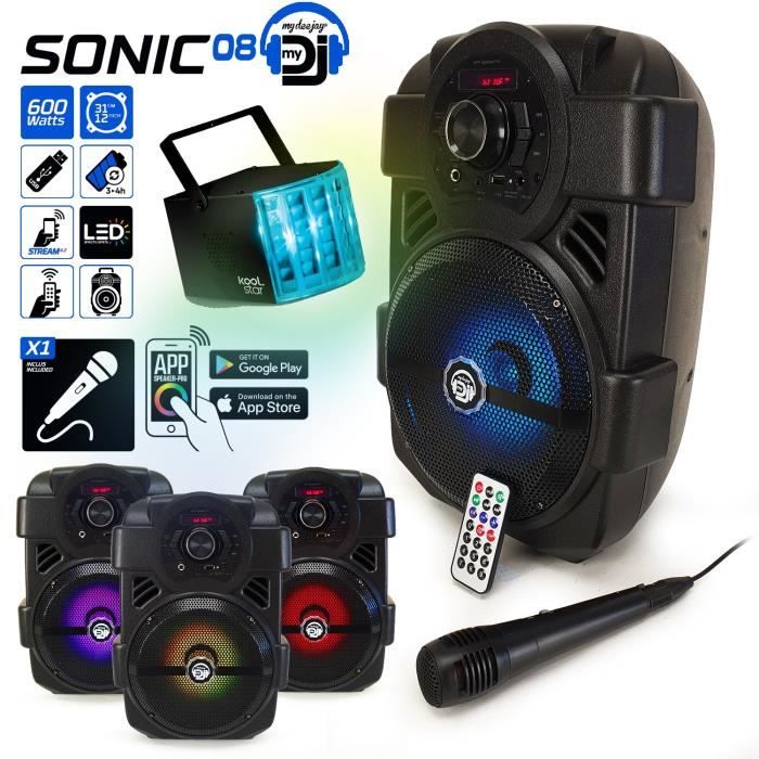 Enceinte 400W Sono autonome MyDj SONIC08 à LED APPLICATION SMARTPHONE USB/BT/RADIO FM/AUX - Télécommande + Micro Karaoké +DERBY