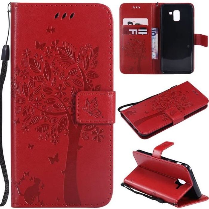 Coque Samsung Galaxy J6 2018 Luxe Cuir Textile Flip Case Portefeuille Arbre Motif - Rough