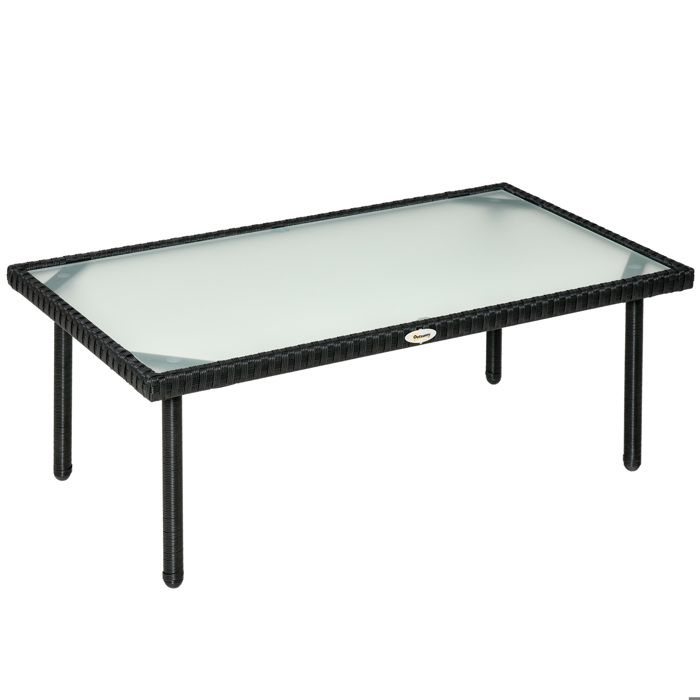 Table basse de jardin plateau verre trempé 5 mm résine tressée imitation rotin noir 90x50x35cm Noir