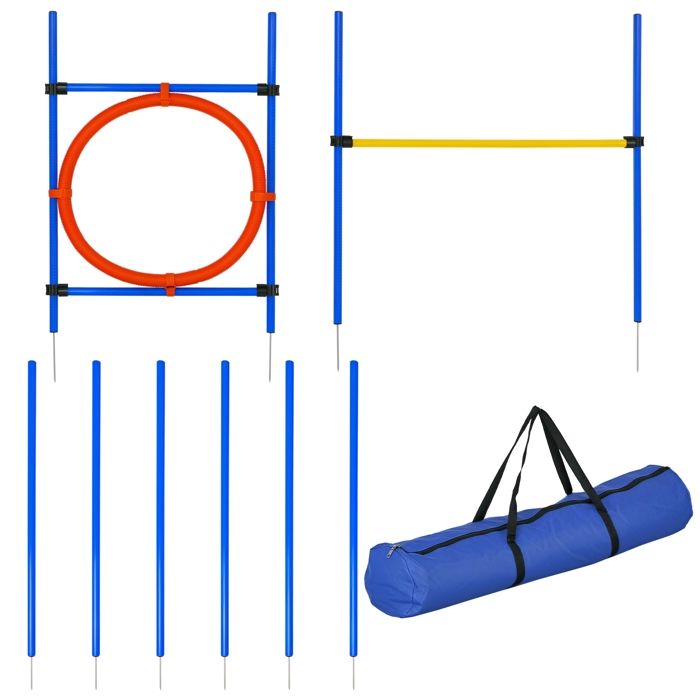 Agility sport pour chiens équipement complet : 6 poteaux slalom, obstacle, anneau + sac de transport bleu jaune rouge 06