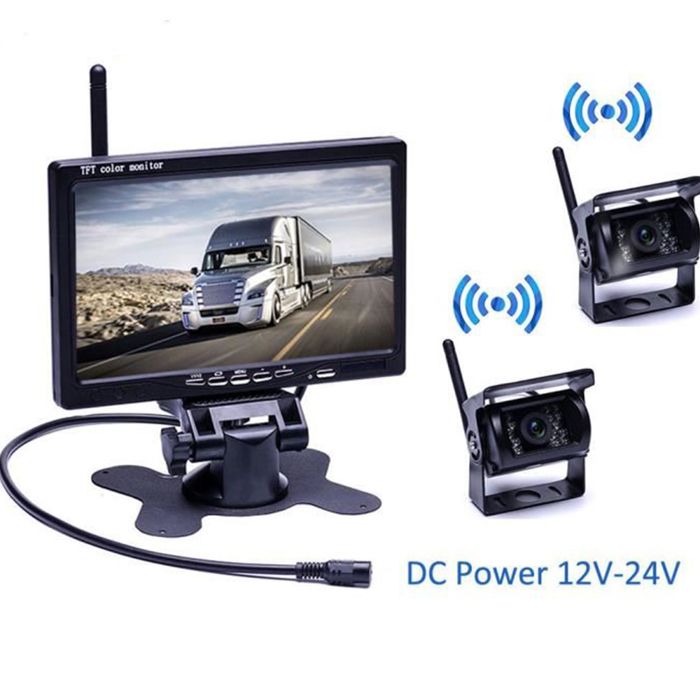 Podofo Kit de Caméra de Recul Sans Fil DC 12V-24V Fiche 7'' Moniteur Caméra Arrière IR pour Bus Camion Caravane Utilitaire Lourd