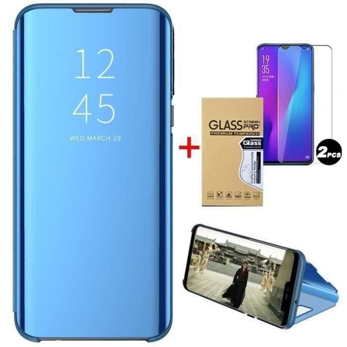 Etui Samsung Galaxy S21 Ultra (5G), Miroir Avec 2 PiècesVerre Trempé Clear View Support Ultra-fin Housse Protection, Bleu