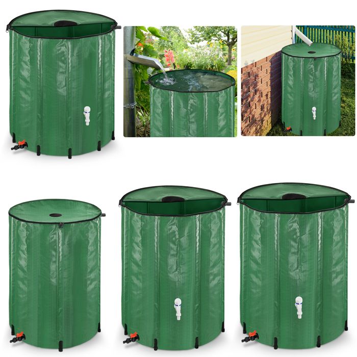 TERRE JARDIN - Réservoir Récupérateur Eau de Pluie, 250 L - Cuve Eau de Pluie, Pliable, en PVC Armée - Réservoir avec Robinet d'Arrêt et Robinet d' Écoullement - 250 litres - Vert