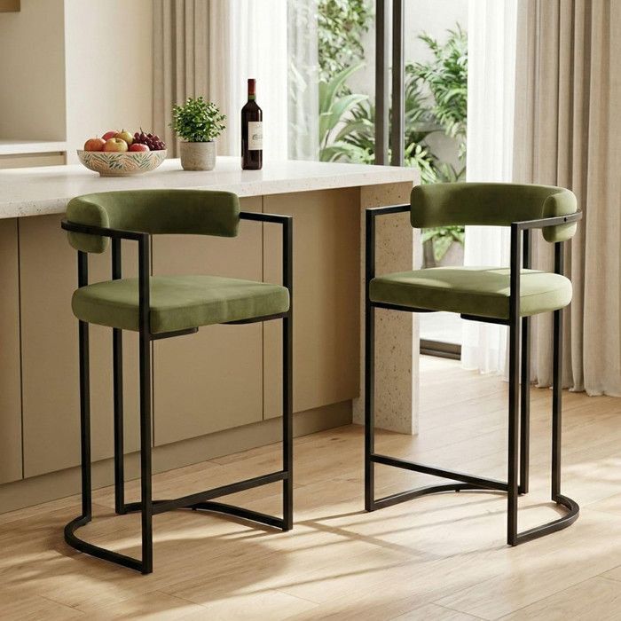 Wahson Tabourets de Bar Lot de 2 Tabouret Bar en Velours avec Accoudoirs Chaise de Bar Coussin épais Vert