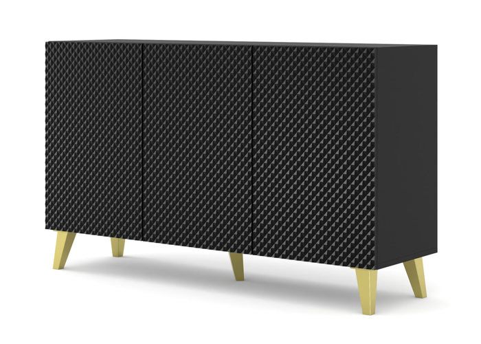 Commode Ravenna PC 150 cm Buffet 3D noir brillant + pieds dorés Commode Ravenna PC 150 cm Buffet 3D noir brillant + pieds dorés