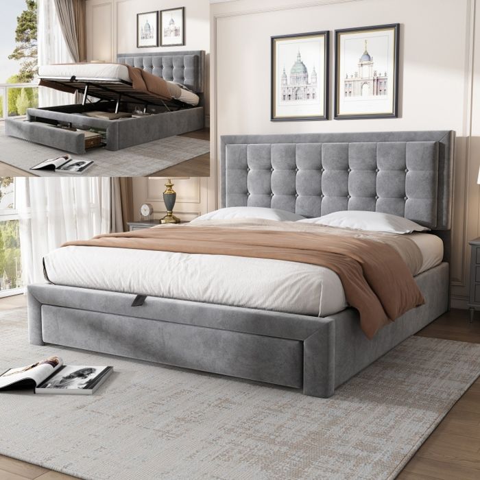 Lit coffre 140x200 cm - avec tête de lit avec rangement, USB / Type-C, LED, sommier / lattes Lit coffre 140x200 cm - avec tête de lit avec rangement, USB / Type-C, LED, sommier / lattes