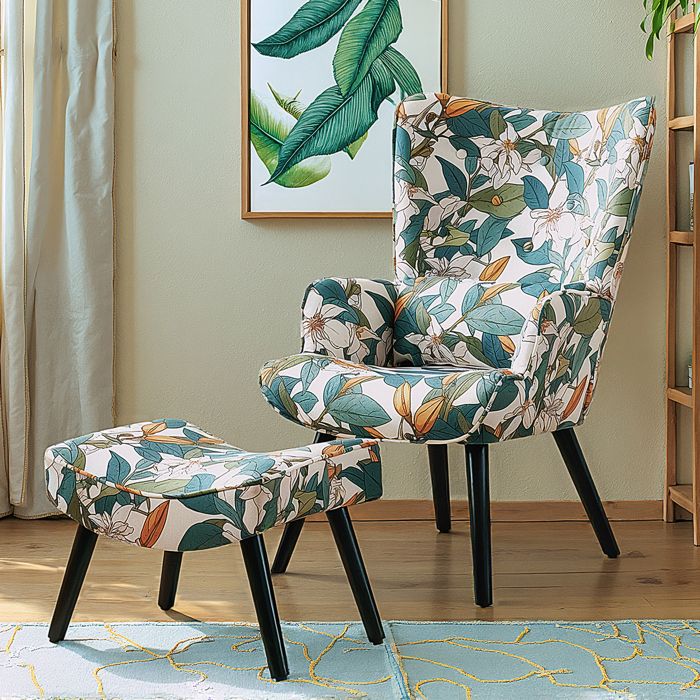 Fauteuil dangle HomeMiYN avec coussin et tabouret inclus - Canapé simple de salon en tissu vert fleuri tropical