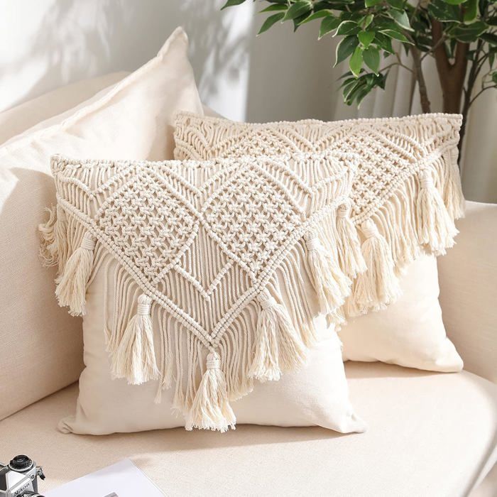 Housses de coussin décoratives en macramé style bohème pour lit canapé lot de 2