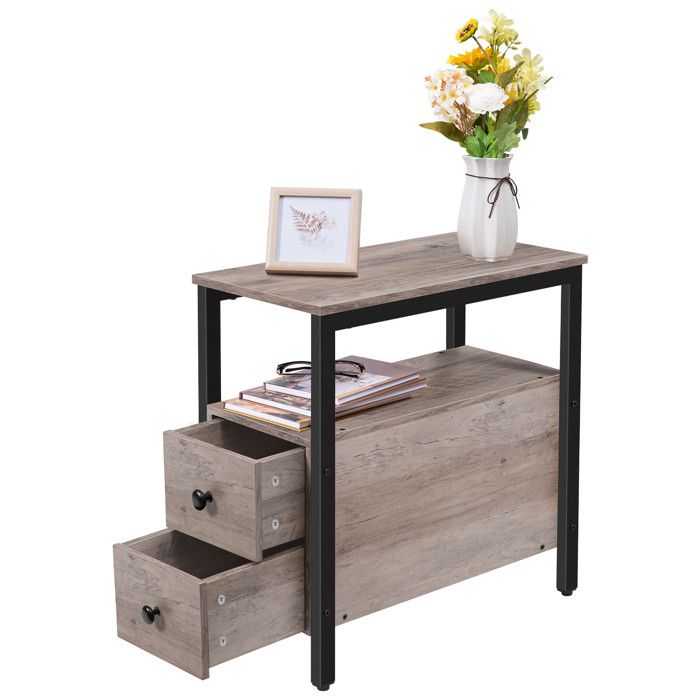 HOOBRO Table de Chevet Table d’Appoint Table de Nuit Bout de Canapé avec 2 Tiroirs Fine pour Petit Espace Grège
