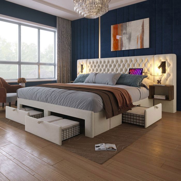 Lit 180x200 avec 2 tables de chevet et 4 tiroirs lit double Lit adulte avec lampe de lecture et USB beige velours