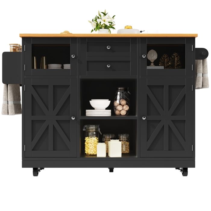 Desserte de Cuisine Multifonctionnelle - Îlot de Cuisine avec Plan de Travail Rabattable Armoire de Buffet avec  Roulettes - Noir