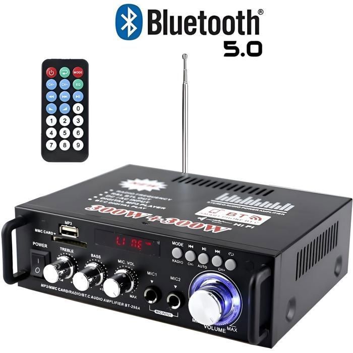 Amplificateur HiFi Bluetooth 5.0 double microphone 2 canaux interfaces multiples avec télécommande noir