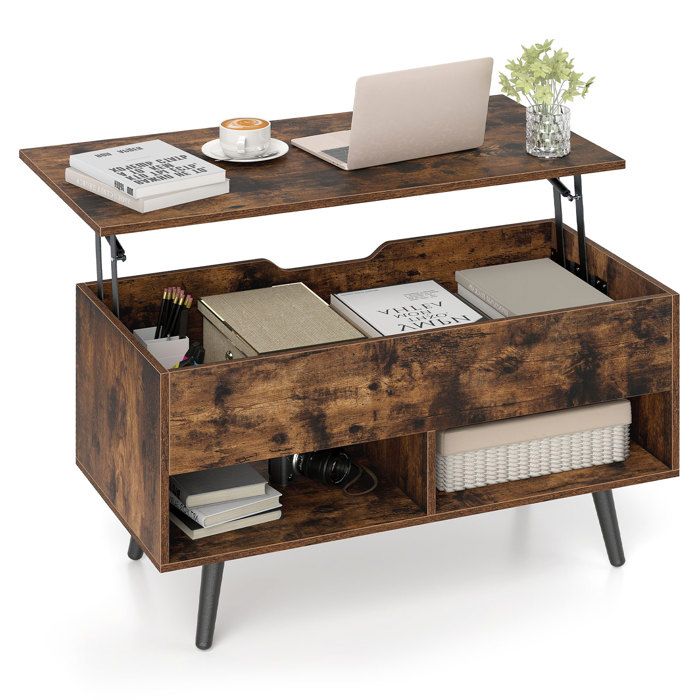 GOPLUS Table Basse Relevable à Bar à Gaz avec Plateau Relevable Table Basse avec 1 Compartiment Caché et 2 Étagères Ouvertes Marron