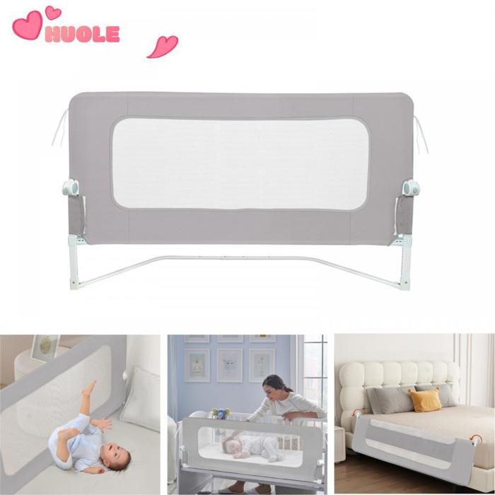 HUOLE Barrière De Lit Bébé 1,5 M - Anti-Chute Sécurité Tout-Petits - Hauteur Réglable 70-100 Cm - Rail Lit Pliable Gris Foncé Avec Maille Respirante
