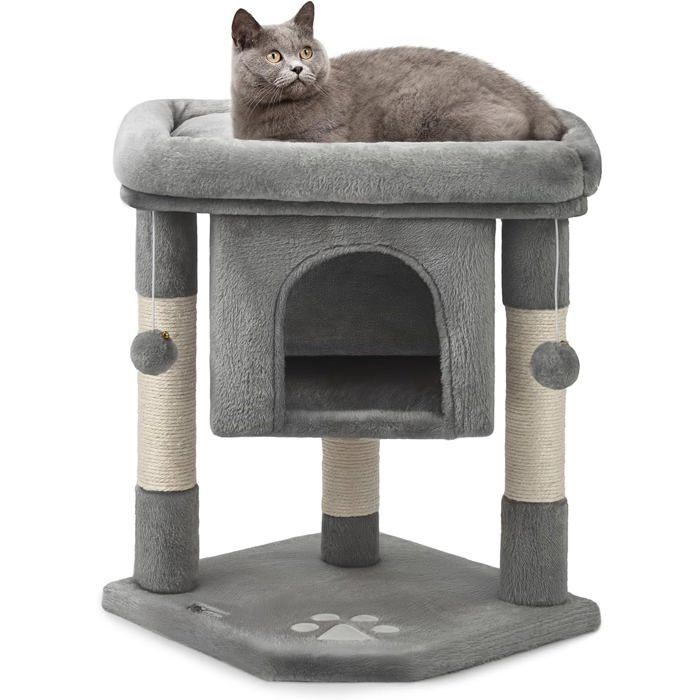 Meilleurs prix pour Arbre à chat niche 2 balles peluche hauteur 60cm gris foncé sisal doux confortable pour petits grands chats intérieur moderne