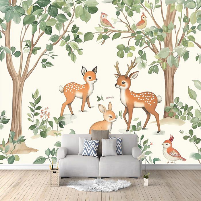 Papier Peint Panoramique Renard Cerf Animal En Bois 350x256cm Papier ...
