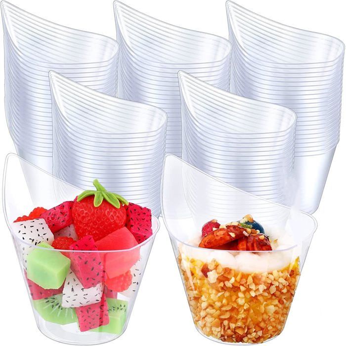 Lot de 50 verrines en plastique 200 ml forme arrondie - verrines réutilisables pour mousse et pudding avec petites cuillères