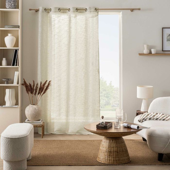 Voilage à œillets NEMO 140 x 280 cm - Effet lin tissé beige (tamisant)