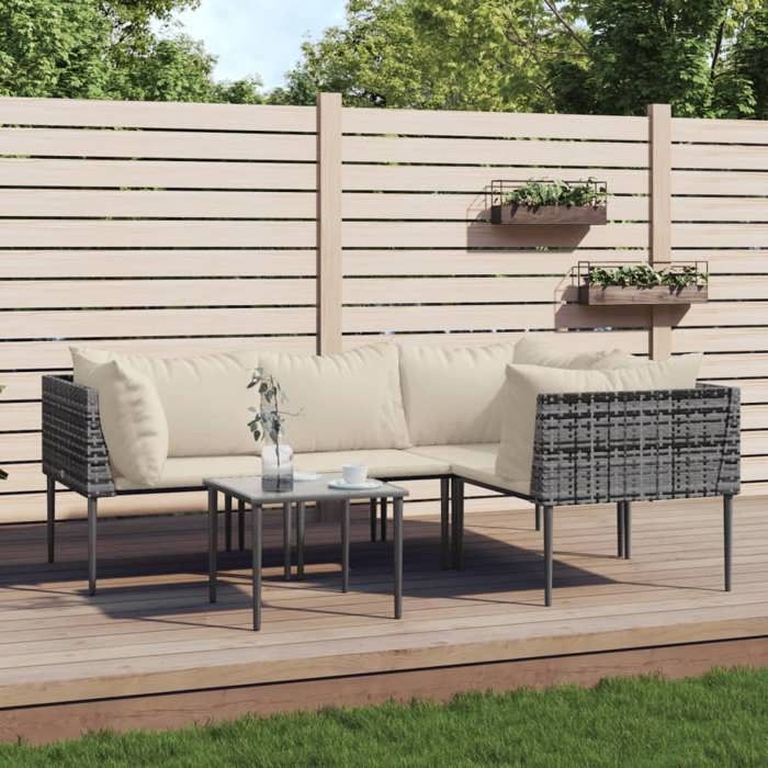 NEW 2026 Salon de jardin lot de 5 Meuble pour 4 personnes avec coussins Gris Résine tressée 48x48x37 cm S1650