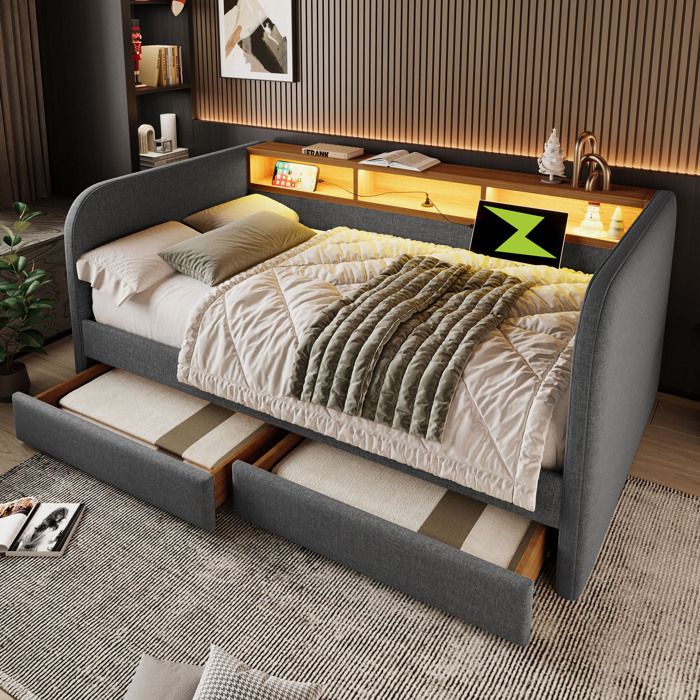 Canapé-lit capitonné - LEMONBEST - 140x190 - LED intégrée - 2 tiroirs - Ports USB/USB-C